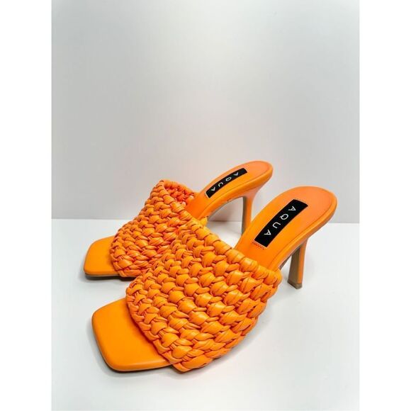 AQUA Woven Sandals Womens Size 7 Orange Slip On High Heel Square Toe NEW - Picture 2 of 11